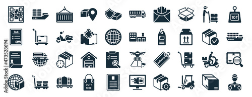 set of 40 filled delivery and logistics web icons in glyph style such as sea ship with containers, tax free, certificate, planet earth, package checking, weight limit, transportation icons isolated