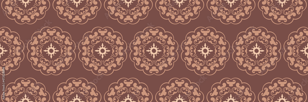 Fototapeta premium Beautiful background pattern with ornate decorative ornamentation on brown background. Seamless wallpaper texture. Vector image