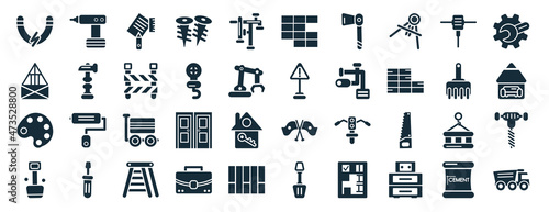 set of 40 filled construction web icons in glyph style such as electric drill, joist, pallete, big shovel, sand brush, wrench and gear, birck wall icons isolated on white background