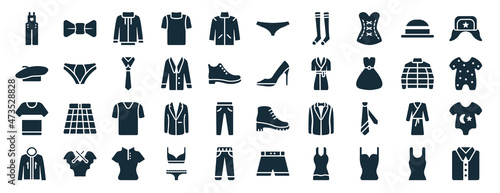 set of 40 filled clothes web icons in glyph style such as butterfly tie, beret, jersey, parka, puffer jacket, ushanka, knickers icons isolated on white background