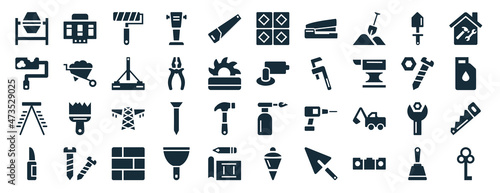 set of 40 filled tools web icons in glyph style such as circuit breaker, painter roller, open scale, retractable trimming knife, nuts and bolts, home repair, tiles icons isolated on white background