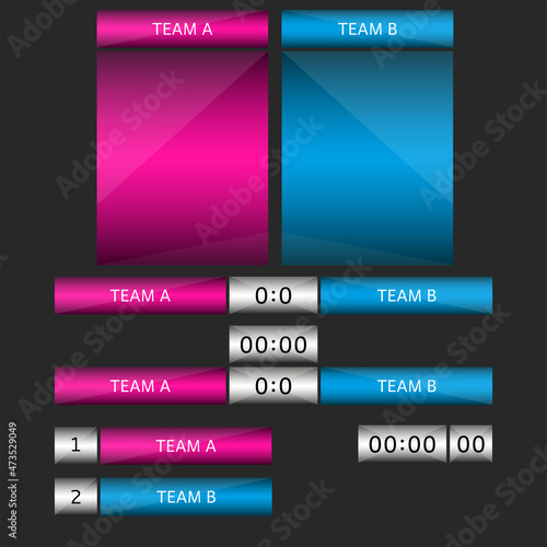 Score board mockup set of design elements for sports team game or players result broadcast football, rugby, cricket computer game.