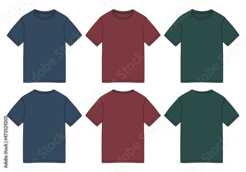 Regular fit Short sleeve T-shirt technical Sketch fashion Flat Template With Round neckline Front and back view. Blue, red and green color mock up cad Vector illustration basic apparel design.