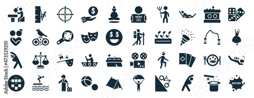 set of 40 filled activity and hobbies web icons in glyph style such as rappelling, couple huging, aerobic, pachinko, jump rope, dominoes, newspaper readign icons isolated on white background