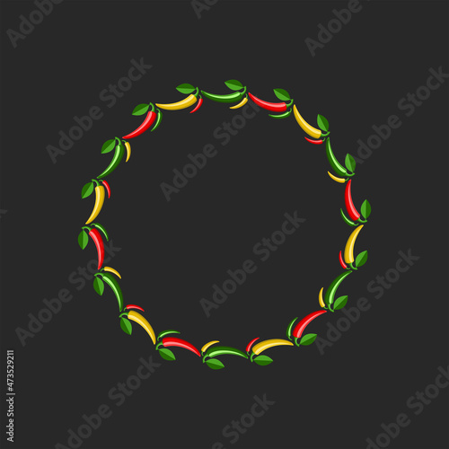 Botanical composition wall still life in the form of a wreath of multi-colored fruits of hot chilli peppers and leaves. Round feminine frame for a cookbook or a restaurant menu on a black background.