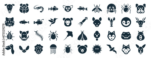 Foto set of 40 filled animals web icons in glyph style such as guinea pig heag, tiger