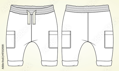 Cotton jersey sweatpants  with pocket technical fashion flat sketch Drawing Vector Illustration template for kids. Apparel Clothing Mock up Cad Easy edit and customizable.