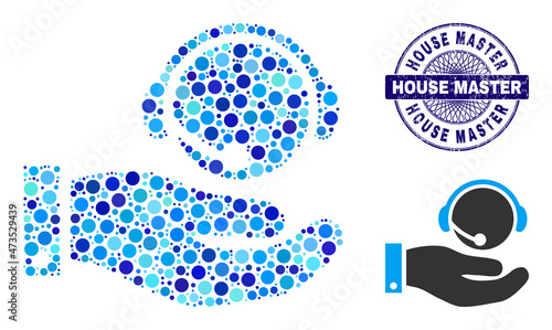 Round dot collage call center service icon and HOUSE MASTER round rubber stamp seal. Blue stamp seal includes HOUSE MASTER text inside circle and guilloche technique.