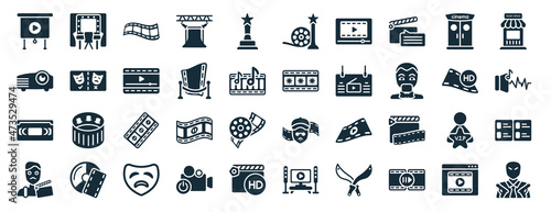 set of 40 filled cinema web icons in glyph style such as dressing room, slide projector, vhs, producer, hd, ticket office, film star icons isolated on white background