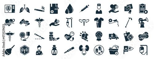 set of 40 filled health and medical web icons in glyph style such as lung, cardiology, caduceus, enema, walking stick, blood test, vaccine icons isolated on white background