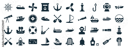 set of 40 filled nautical web icons in glyph style such as motorboat, boat telescope, anchor, oars, speedboat, trireme, ship engine propeller icons isolated on white background