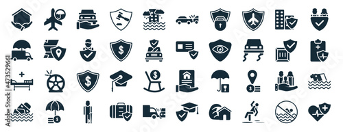 set of 40 filled insurance web icons in glyph style such as crash, moving insurance, hospitalization, sinking, delivery insurance, familiar rear end collision icons isolated on white background