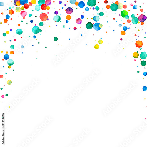 Watercolor confetti on white background. Actual rainbow colored dots. Happy celebration square colorful bright card. Original hand painted confetti.