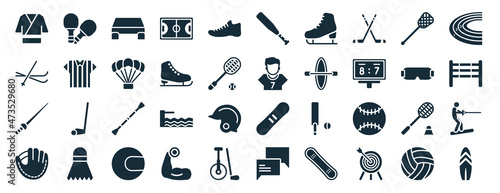set of 40 filled sport web icons in glyph style such as table tennis, ski, fencing, baseball glove, sport goggles, marathon, baseball bat icons isolated on white background