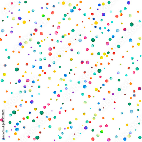 Watercolor confetti on white background. Actual rainbow colored dots. Happy celebration square colorful bright card. Enchanting hand painted confetti.