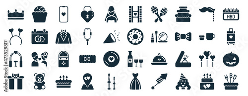 set of 40 filled birthday and party web icons in glyph style such as muffin, headband, wedding arch, wedding gift, snack, birthday, wedding video icons isolated on white background