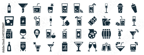 set of 40 filled drinks web icons in glyph style such as filtration, whiskey, milk, liquor, daiquiri, shaker, lemon juice icons isolated on white background