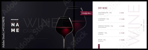 Vector wine menu template for restaurant and cafe. Menu cover design in black and white with glass of wine. Modern restaurant menu, booklet brochure design