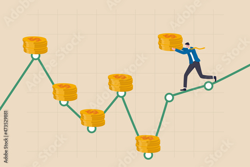 DCA, Dollar Cost Averaging investment strategy to put same amount of money every month to earn more wealth and profit concept, smart businessman investor holding coins stack put on every month period.
