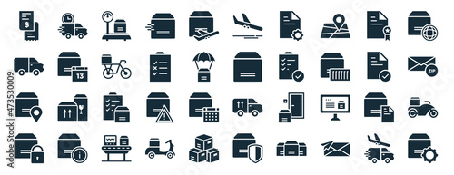 set of 40 filled delivery web icons in glyph style such as express delivery, cargo bus, delivery destination, logistic protection, checklist, worldwide arrival icons isolated on white background