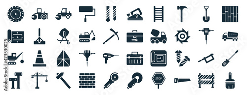 set of 40 filled construction web icons in glyph style such as steamroller, construction plan, demolition, boning rod, hydraulic breaker, paving, jack plane icons isolated on white background