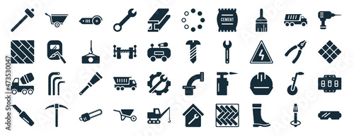 set of 40 filled construction web icons in glyph style such as wheel barrow, floor, concrete mixer, retractable trimming knife, plier, driller, loader icons isolated on white background