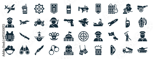 set of 40 filled army web icons in glyph style such as walkie talkie, general, bulletproof, military helmet, militar radio, canon, grenade launcher icons isolated on white background