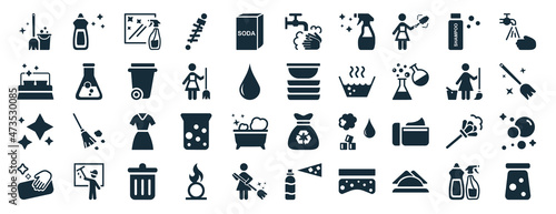 set of 40 filled cleaning web icons in glyph style such as dish soap, clean room, neat, clean, cleaner, washing hands, hand washing icons isolated on white background