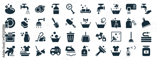 set of 40 filled cleaning web icons in glyph style such as tap, washing plate, carpet cleaning, slippery, softener, washing hand, clean-living icons isolated on white background