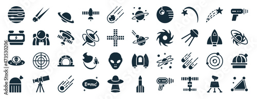 set of 40 filled astronomy web icons in glyph style such as aerolite, generator, alien with aqualung, planetarium, space ship, laser gun, space junk icons isolated on white background