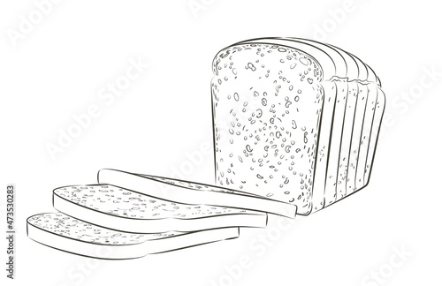 Vector sliced bread. The cut loaf of square toast bread for sandwich. Logo, icon. Sketch realistic line vintage illustration