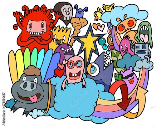 Cute monsters are playing for fun.illustration, cute hand drawn doodles.