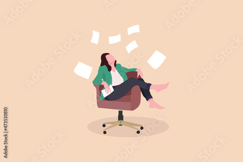 Business freedom. Girl manager throws flyers. A bundle of paper flies around the girl. Vector illustration.
