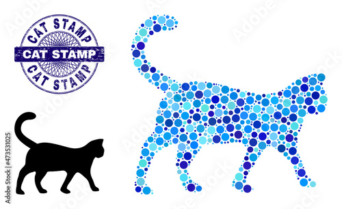 Circle collage cat icon and CAT STAMP round corroded stamp seal. Blue stamp includes CAT STAMP tag inside circle and guilloche structure. Vector mosaic is based on cat icon,