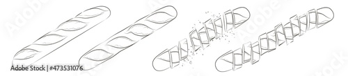 French bread baguette. Long loaf. Rye whole grain baked bread. Vector sketch realistic line vintage illustration.