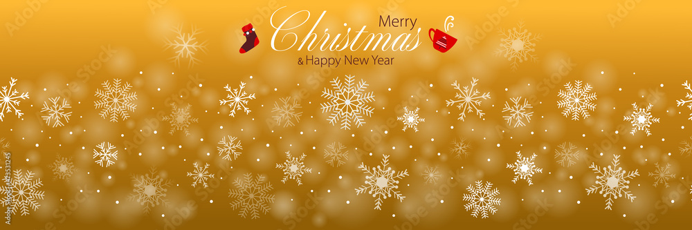 Merry Christmas and happy new year holiday greeting text horizontal border, banner with snowflakes, sock, hot chocolate or coffee on gold background