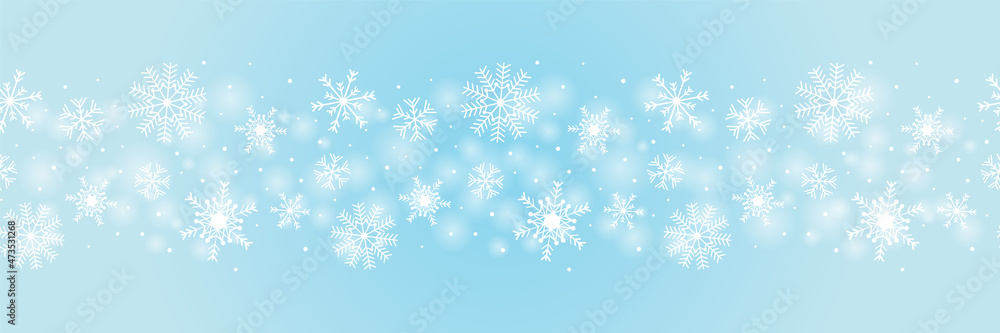 Snowflake background border white, silver, blue color. Christmas, winter holiday snow flakes pattern illustration banner design on blue sky