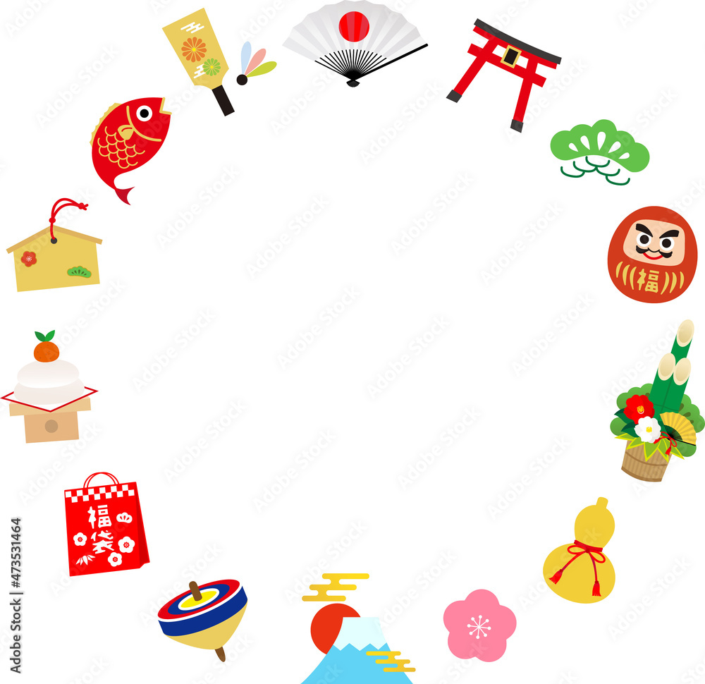 Obraz premium イラスト年賀状素材:通年対応フレーム カラフルなアイコン素材セット 透過＆白背景 
