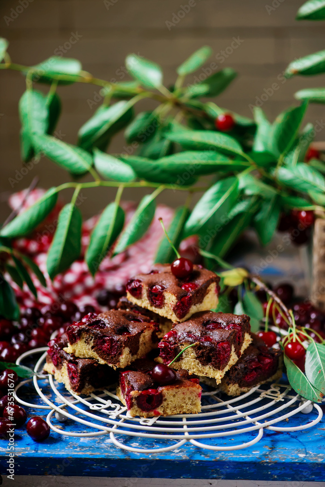 Obraz premium Bicolor cherry pie.style rustic. natural light
