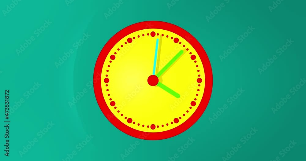 3D animated clock time lapse animation. Wall clock with red frame and yellow clock face. Green time pointer. Light reflections on the watch and shadows on the background. Camera move in free space. 3D animated clock time lapse animation. Wall clock with red frame and yellow clock face. Green time pointer. Light reflections on the watch and shadows on the background. Camera move in free space.