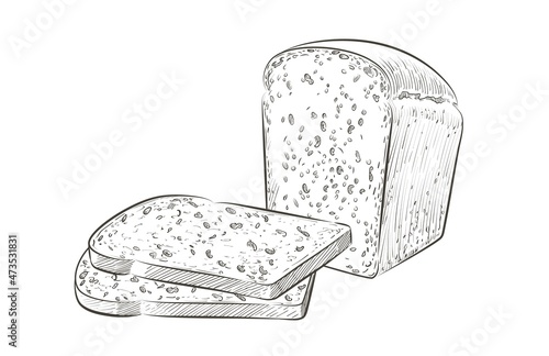 Vector sliced bread. The cut loaf of square toast bread for sandwich. Logo, icon. Sketch realistic line vintage illustration