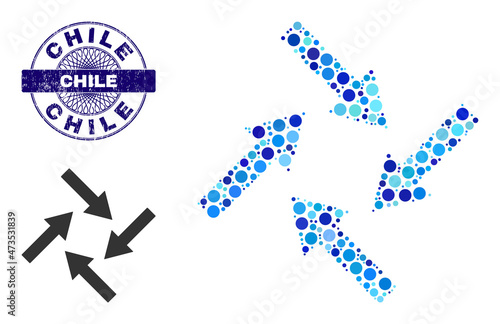 Round dot collage centripetal arrows icon and CHILE round textured seal. Blue seal includes CHILE title inside circle and guilloche technique. Vector collage is based on centripetal arrows icon,