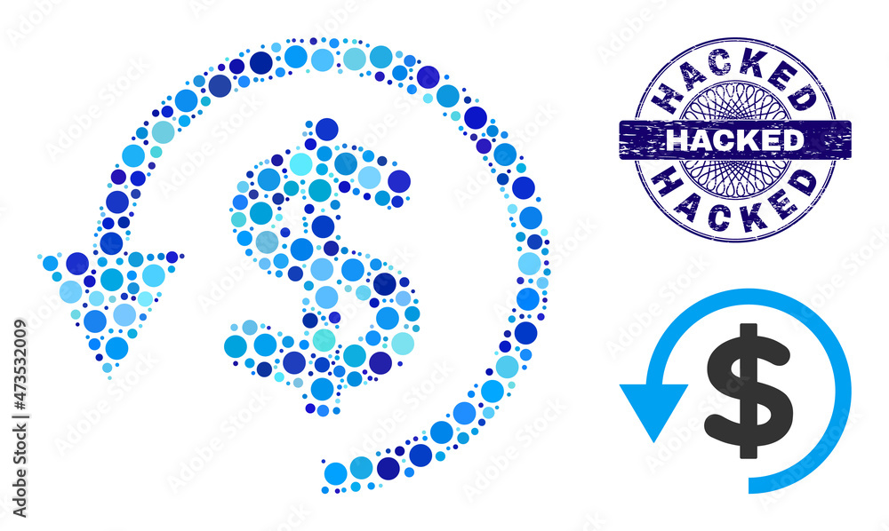 Circle composition chargeback icon and HACKED round rubber stamp seal. Blue stamp includes HACKED caption inside circle and guilloche pattern. Vector collage is based on chargeback icon,