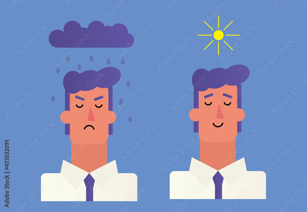 male character's head front with rain cloud and sun. Mindfulness and stress management in psychology, vector illustration. Simple and modern flat style. male character's head front with rain cloud and sun. Mindfulness and stress management in psychology, vector illustration. Simple and modern flat style.