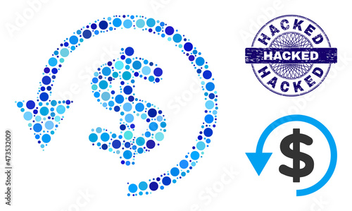 Circle composition chargeback icon and HACKED round rubber stamp seal. Blue stamp includes HACKED caption inside circle and guilloche pattern. Vector collage is based on chargeback icon,