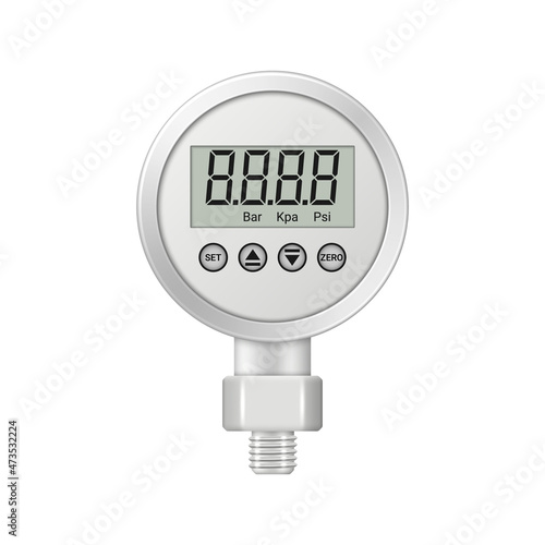 Realistic digital pressure gauge with fitting isolated on white background. Pressure measuring instrument. Vector illustration.