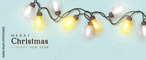Christmas minimal festive background. Realistic 3d holiday design, decoration light glass garlands yellow and white lamps. New year blue banner, web poster, website header. Vector illustration