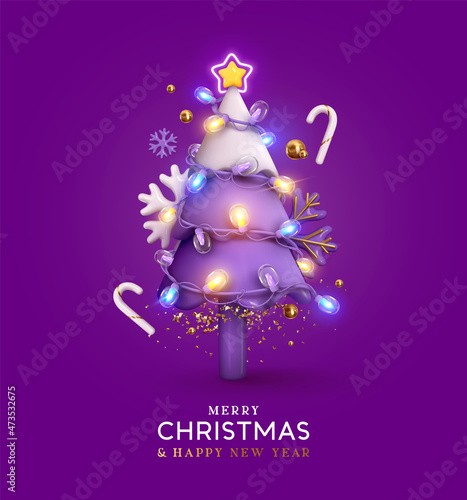 Christmas sparkling bright tree. Merry Christmas, Happy new year. Realistic 3d design of objects, light garland, snowflake, candy cane, purple colors composition. Lilac background. Vector illustration
