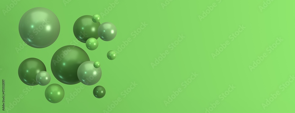 Abstract composition of randomly located spheres in green colors on a light green background. 3d render