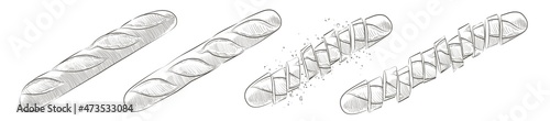 French bread baguette. Long loaf. Rye whole grain baked bread. Vector sketch realistic line vintage illustration.